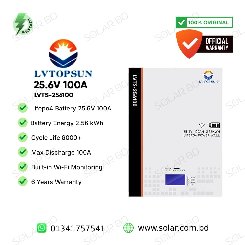 LVTOPSUN 25.6V 100Ah 2.56 kWh Lithium Iron Phosphate Battery